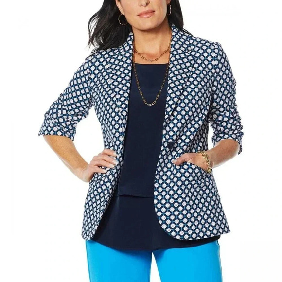 DG2 by Diane Gilman Jackets & Blazers - DG2 Diane Gilman Stretch Crepe Blazer Jacket Printed Navy Foulard XS 687-782 NEW